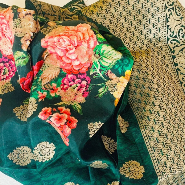 anokherang Dupattas Shades of Green Floral Printed Banarsi Dupatta