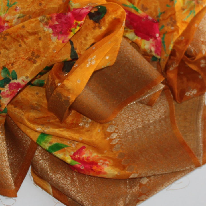 anokherang Dupattas Shades of Yellow Floral Printed Banarsi Silk Dupatta