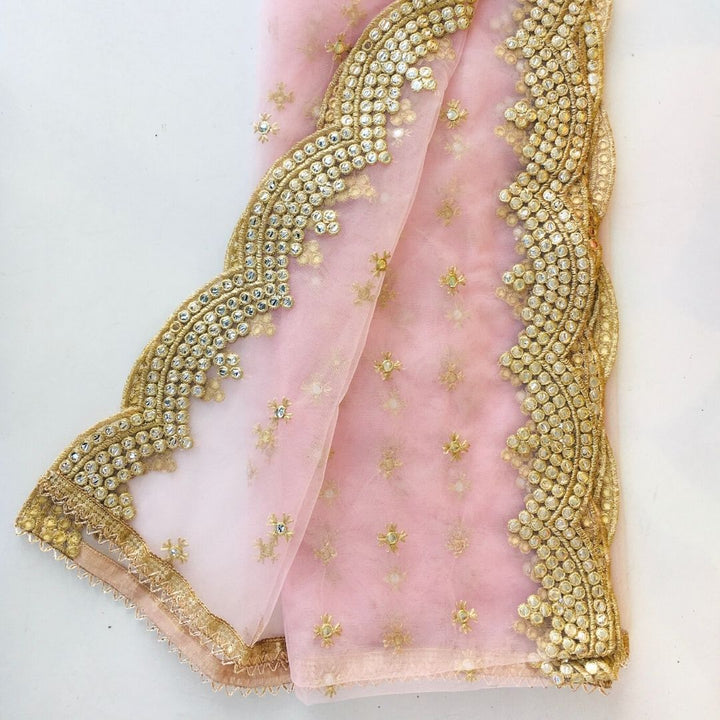 anokherang Dupattas Sheer Beauty Pink Gotta Net Scalloped Dupatta