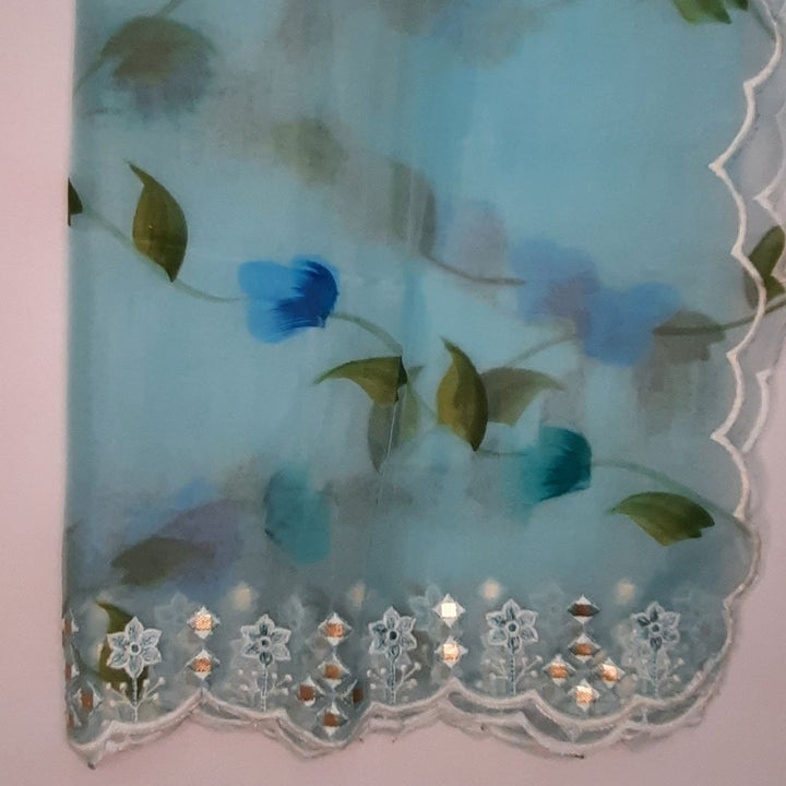 anokherang Dupattas Sky Blue Hand Painted Scalloped Embroidered Organza Dupatta