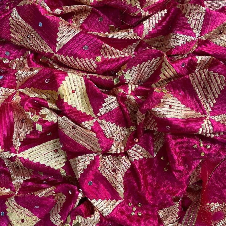 anokherang Dupattas Splashing Pink Gold Phulkari Fringed Dupatta