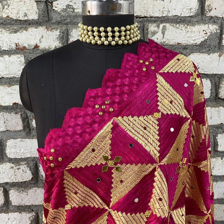 anokherang Dupattas Splashing Pink Gold Phulkari Fringed Dupatta