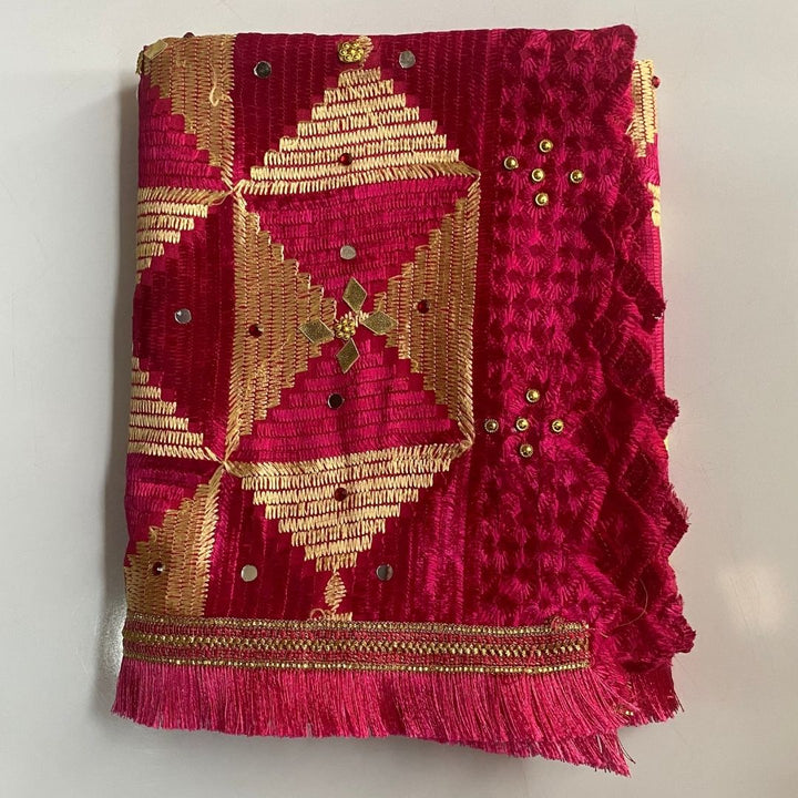 anokherang Dupattas Splashing Pink Gold Phulkari Fringed Dupatta