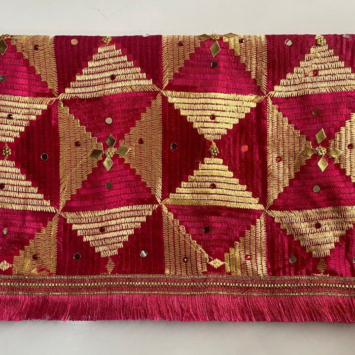 anokherang Dupattas Splashing Pink Gold Phulkari Fringed Dupatta