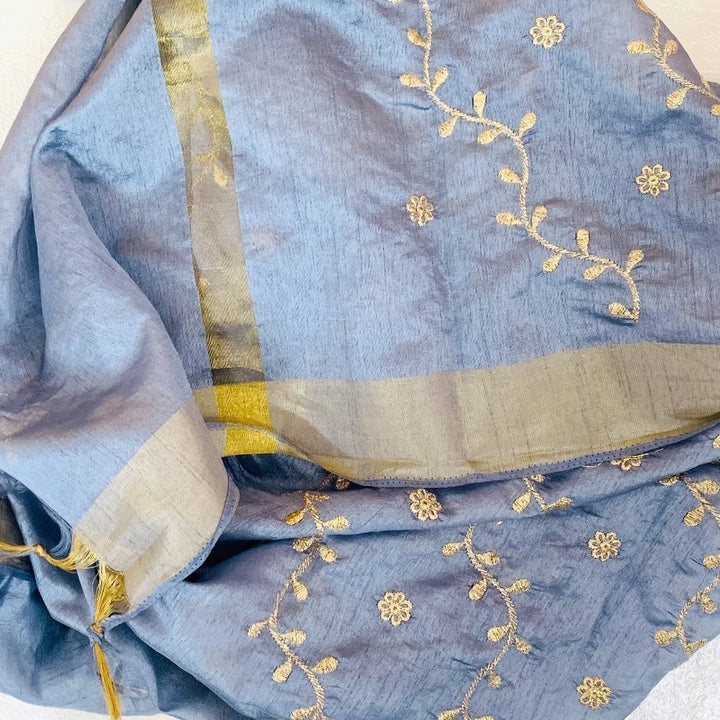 anokherang Dupattas Stone Gray Floral Zari Trails Silk Dupatta