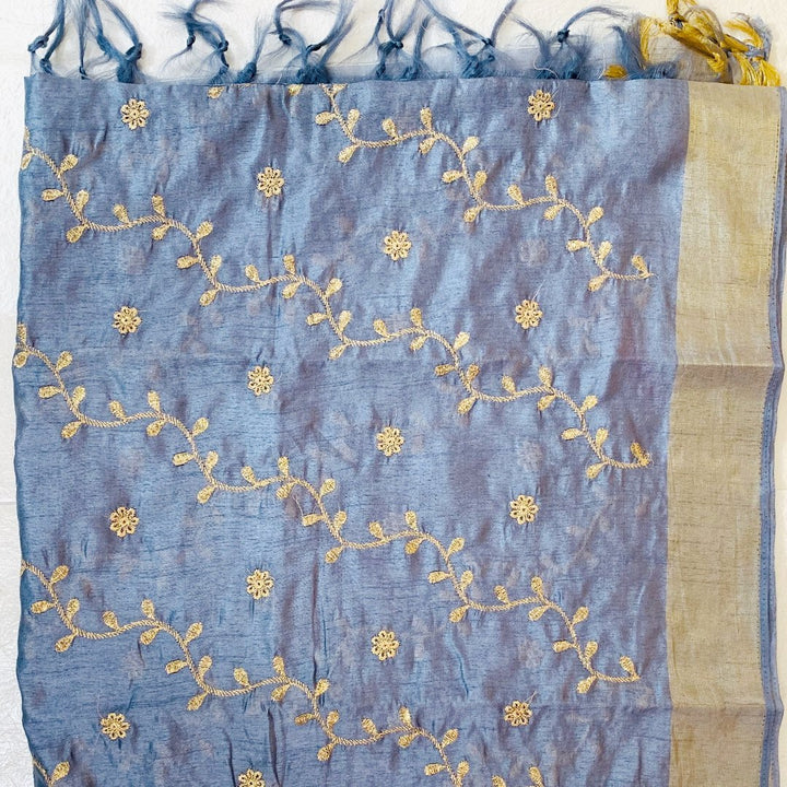 anokherang Dupattas Stone Gray Floral Zari Trails Silk Dupatta