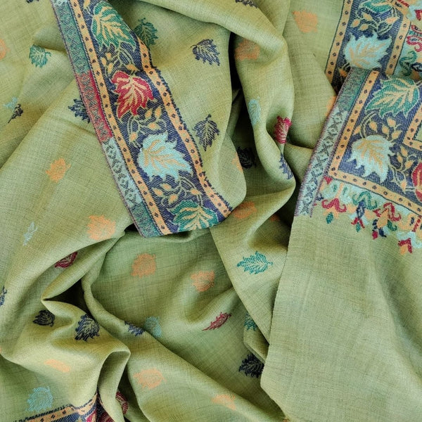 anokherang Dupattas Stylish Green Leaf Weaved Wool Stole