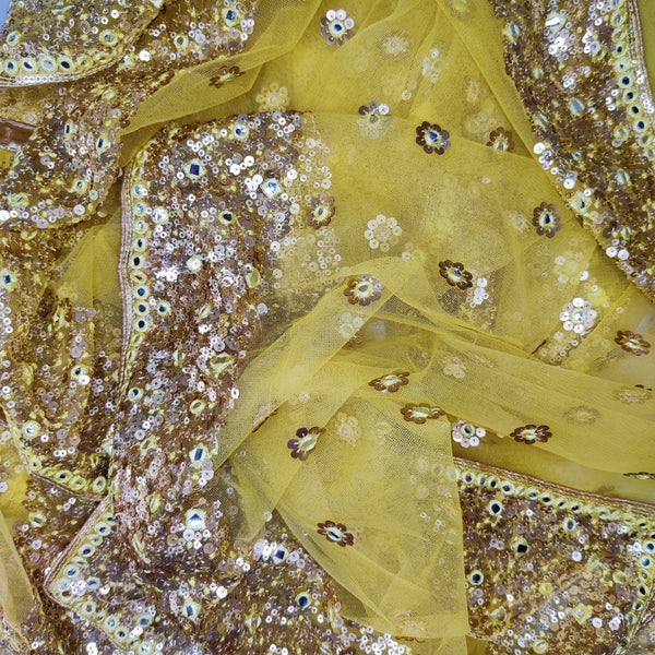 anokherang Dupattas Sunny Yellow Sequin And Mirror Embroidered Net Dupatta
