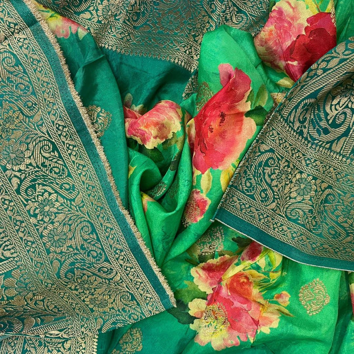 anokherang Dupattas Teal Green Floral Shaded Printed Banarsi Silk Dupatta