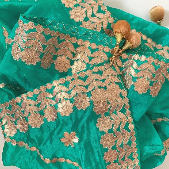 anokherang Dupattas Teal Green Gotta Floral Embroidered Silk Dupatta