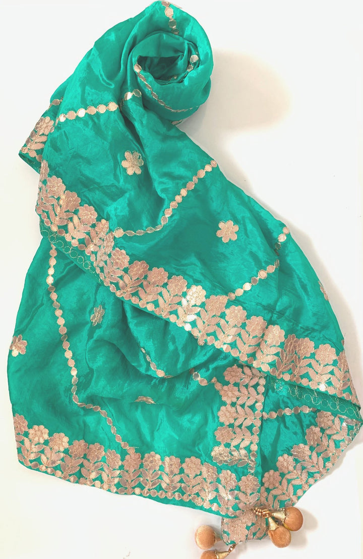 anokherang Dupattas Teal Green Gotta Floral Embroidered Silk Dupatta