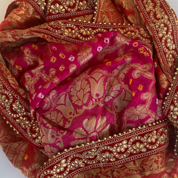 anokherang Dupattas Traditional Bridal Pink & Red Bandhej Dupatta