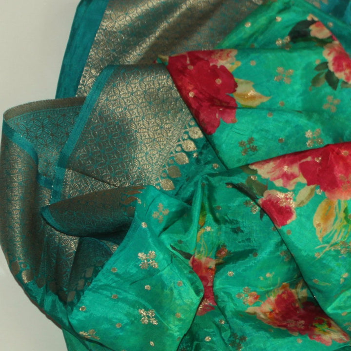 anokherang Dupattas Turquoise and Green Blue Printed Silk Dupatta