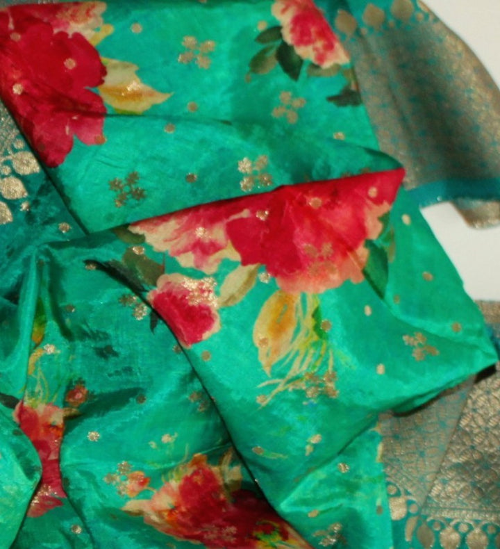 anokherang Dupattas Turquoise and Green Blue Printed Silk Dupatta