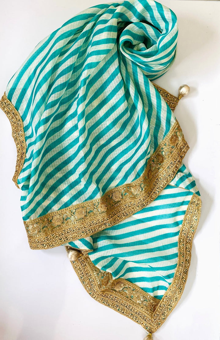 anokherang Dupattas Turquoise White Leheriya Dupatta