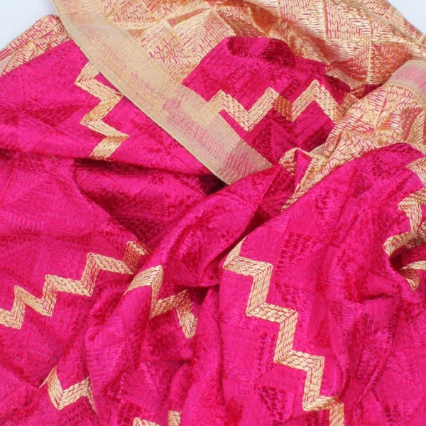 anokherang Dupattas Vibrant Pink Gold Phulkari Dupatta