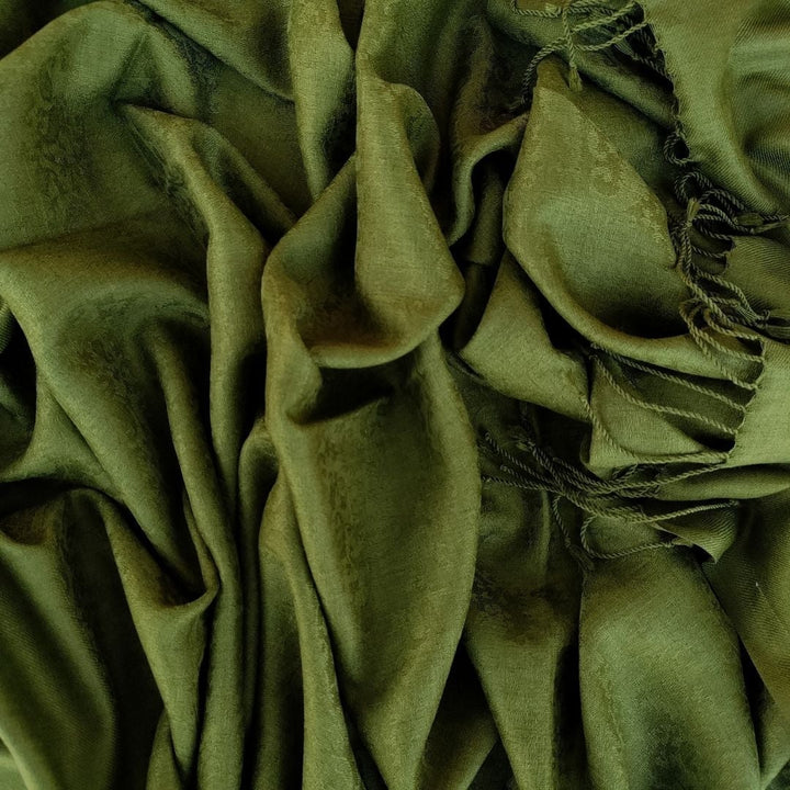 anokherang Dupattas Warm Green Floral Self Weaved Wool Stole