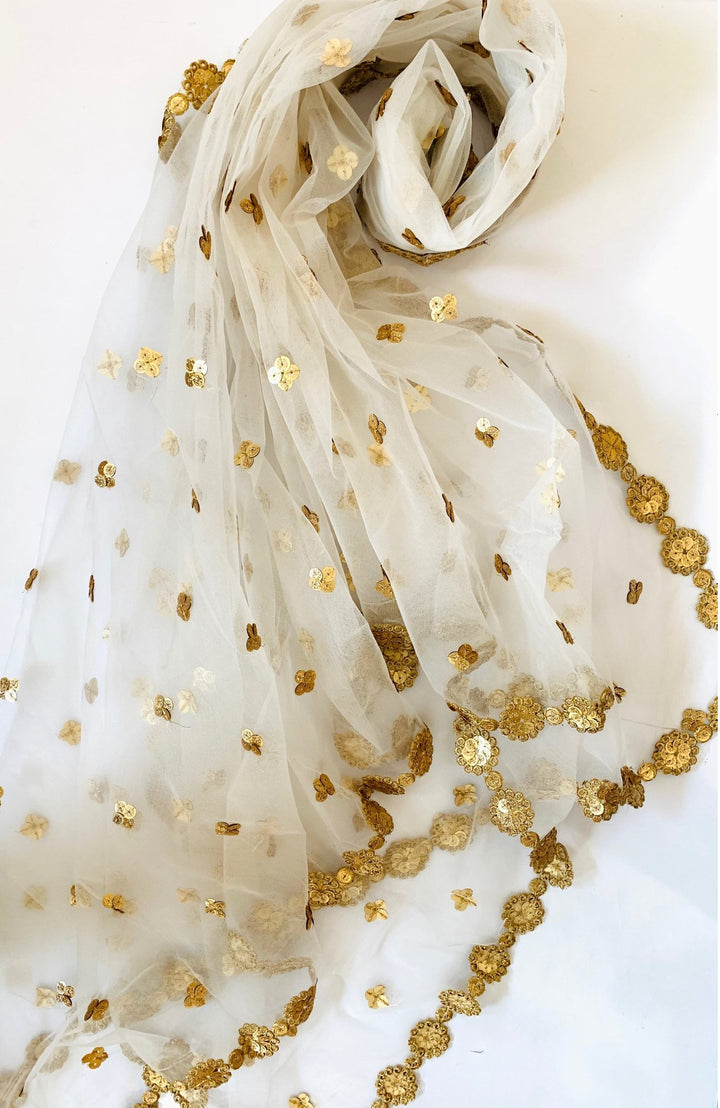 anokherang Dupattas White and Gold sequins Net Dupatta