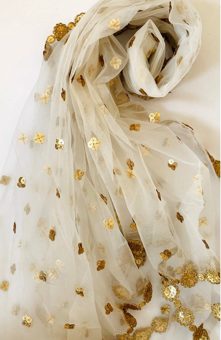 anokherang Dupattas White and Gold sequins Net Dupatta