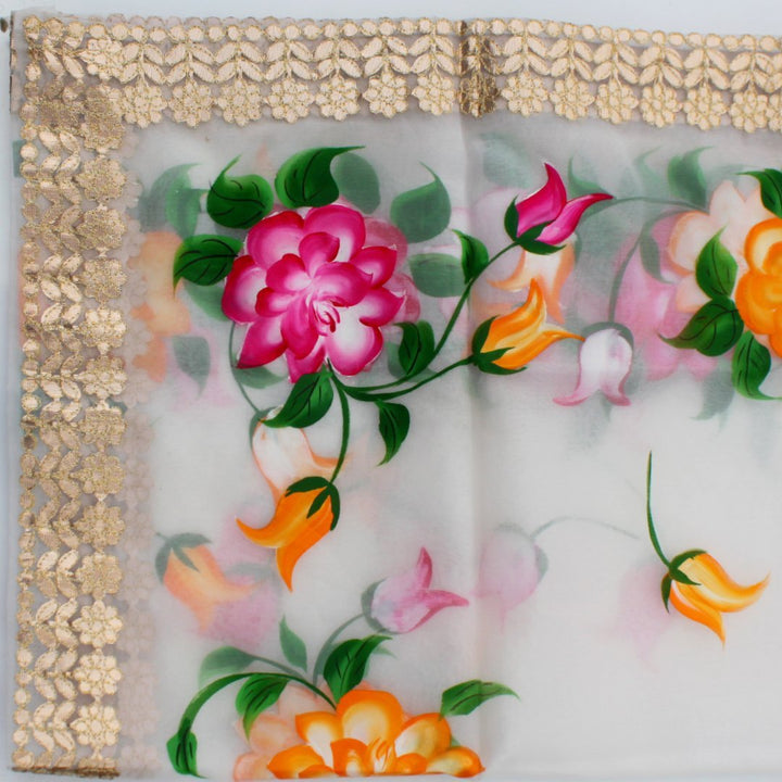anokherang Dupattas White Floral Hand Painted Organza Gotta Embroidered Dupatta