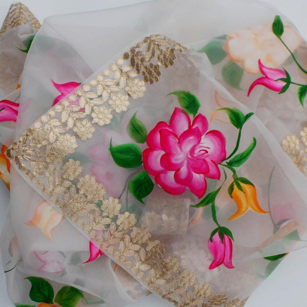anokherang Dupattas White Floral Hand Painted Organza Gotta Embroidered Dupatta