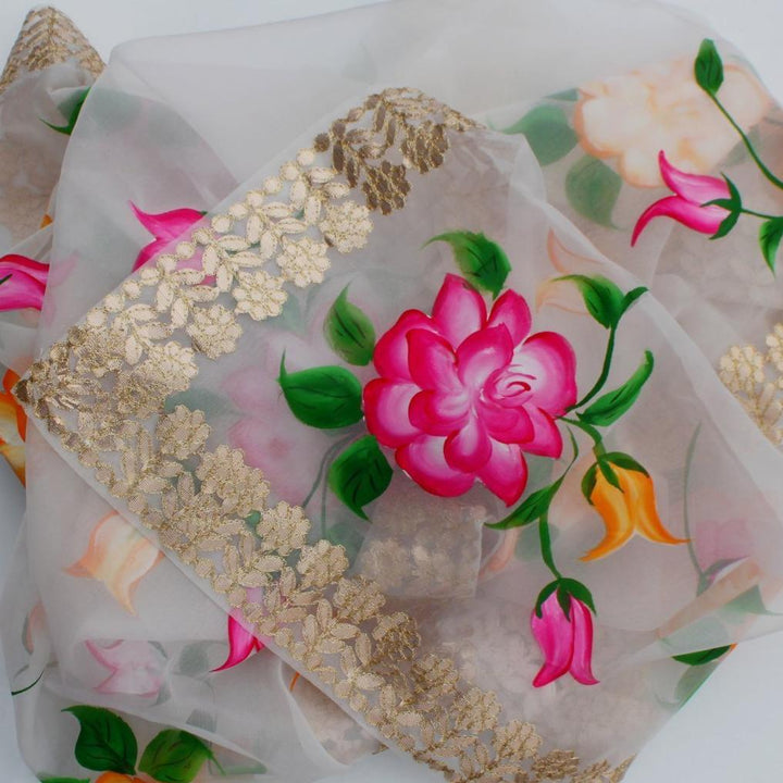 anokherang Dupattas White Floral Hand Painted Organza Gotta Embroidered Dupatta