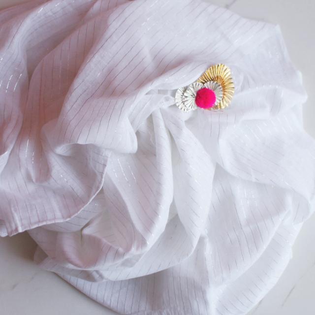 anokherang Dupattas White Lumex Striped with Gotta & PomPom Tassels