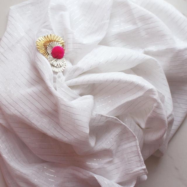 anokherang Dupattas White Lumex Striped with Gotta & PomPom Tassels