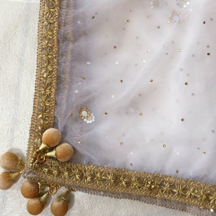 anokherang Dupattas White Net Gold and Mirror Dupatta
