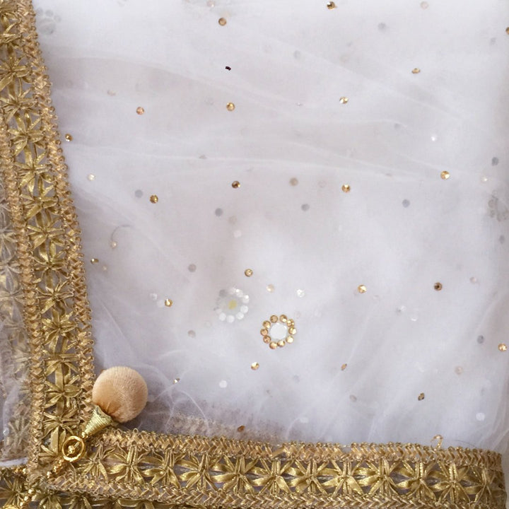 anokherang Dupattas White Net Gold and Mirror Dupatta