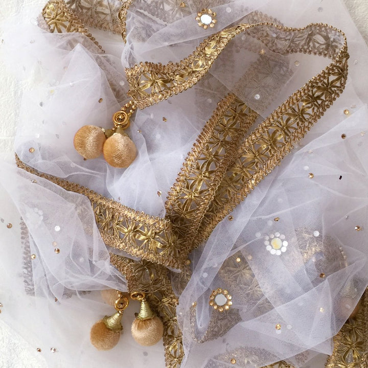 anokherang Dupattas White Net Gold and Mirror Dupatta