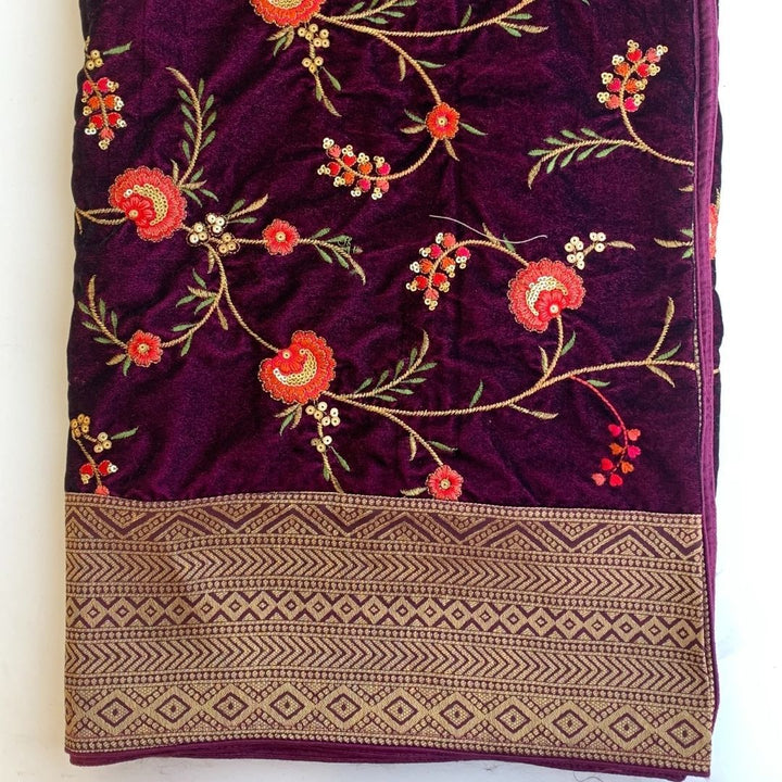 anokherang Dupattas Wine Banarsi Embroidered Velvet Stole