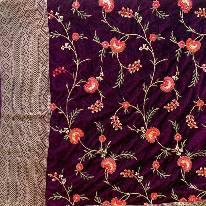 anokherang Dupattas Wine Banarsi Embroidered Velvet Stole
