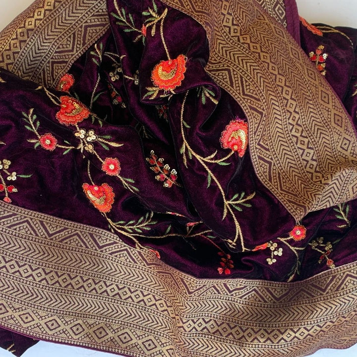 anokherang Dupattas Wine Banarsi Embroidered Velvet Stole