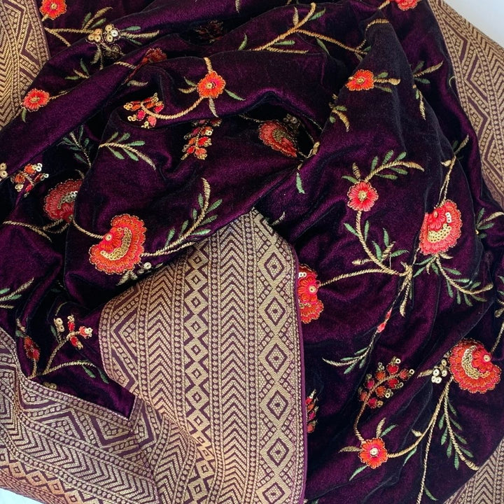 anokherang Dupattas Wine Banarsi Embroidered Velvet Stole