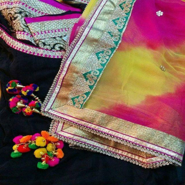 anokherang Dupattas Yellow and Magenta Pure Chiffon Lehariya Dupatta with Zari Border