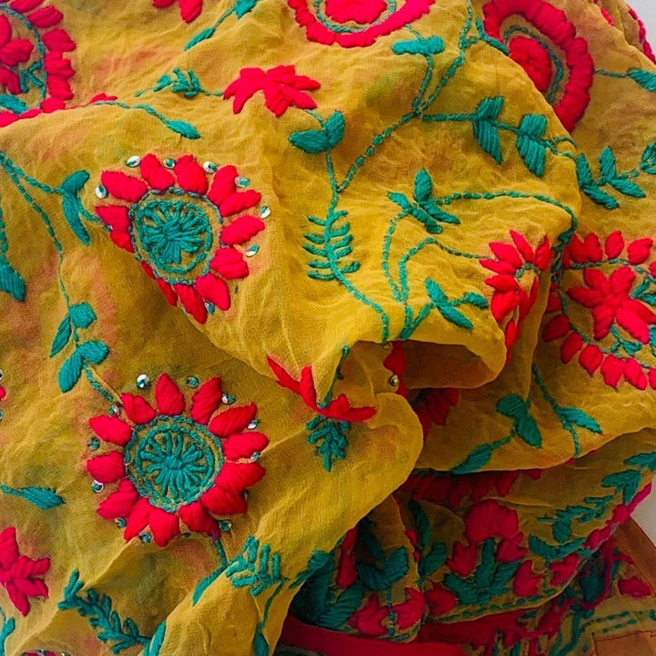 anokherang Dupattas Yellow Chiffon Thread Embroidered Dupatta