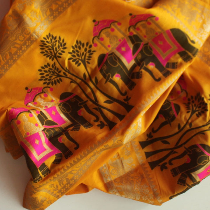 anokherang Dupattas Yellow Elephant Banarasi Stole