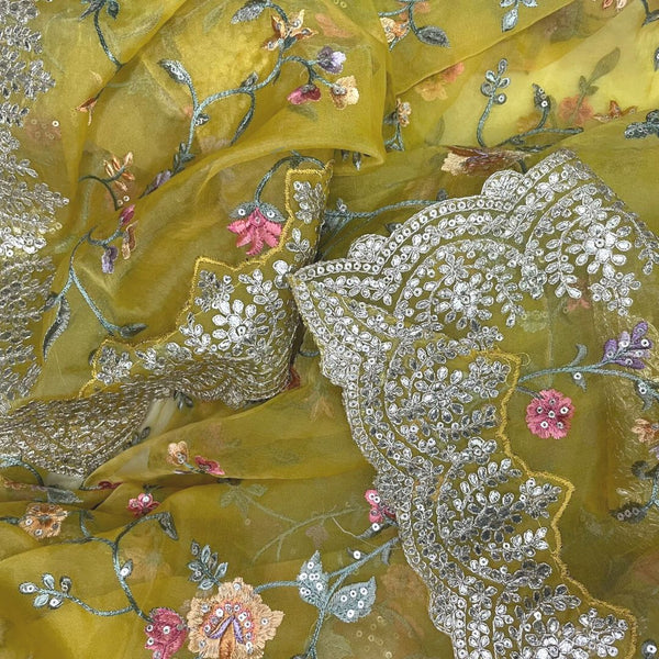 anokherang Dupattas Yellow Floral Embroidered Scalloped Organza Dupatta