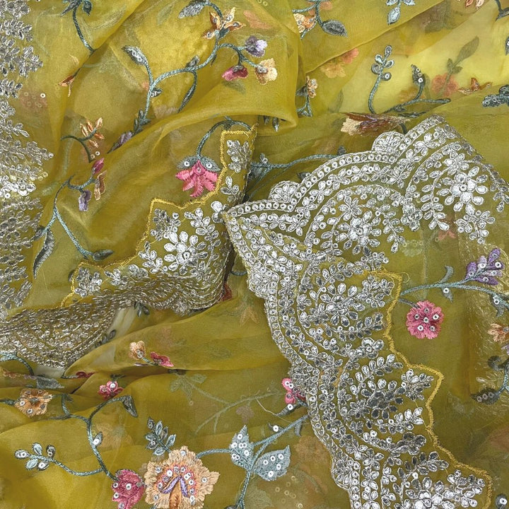 anokherang Dupattas Yellow Floral Embroidered Scalloped Organza Dupatta
