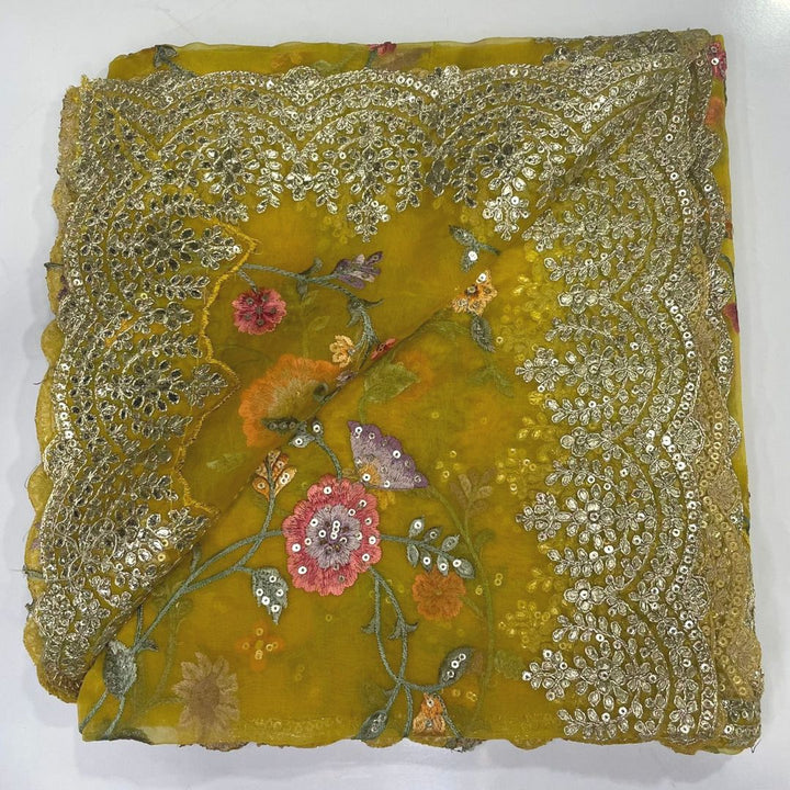 anokherang Dupattas Yellow Floral Embroidered Scalloped Organza Dupatta