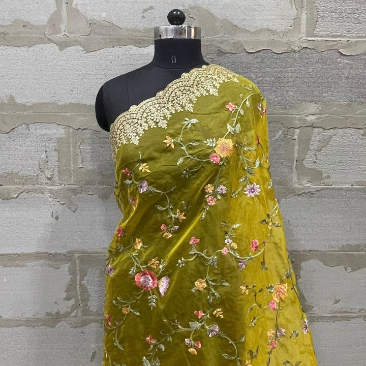 anokherang Dupattas Yellow Floral Embroidered Scalloped Organza Dupatta