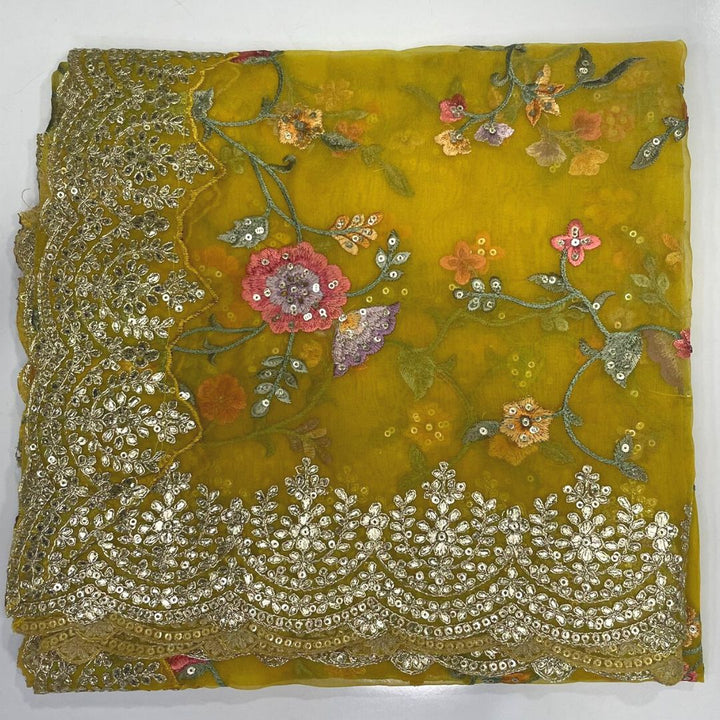 anokherang Dupattas Yellow Floral Embroidered Scalloped Organza Dupatta