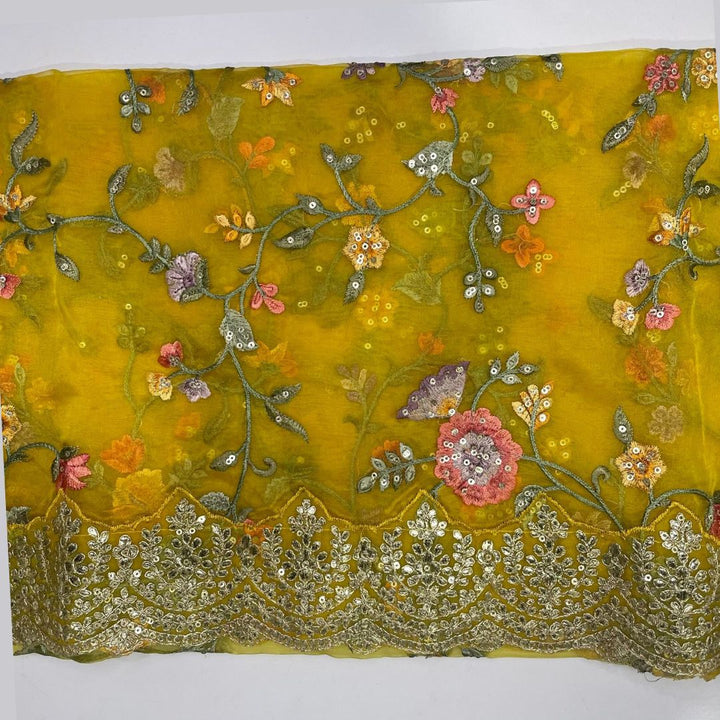 anokherang Dupattas Yellow Floral Embroidered Scalloped Organza Dupatta