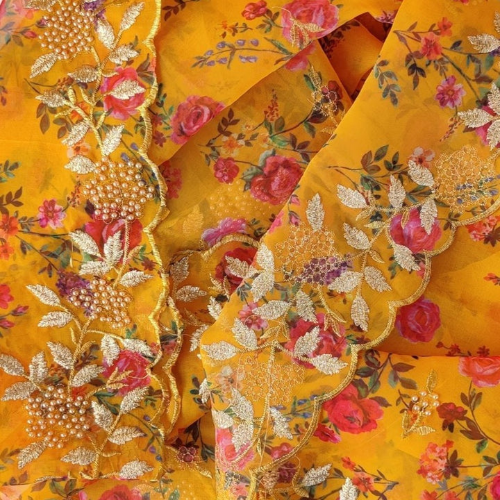 anokherang Dupattas Yellow Floral Printed pearl Embroidered Organza Dupatta