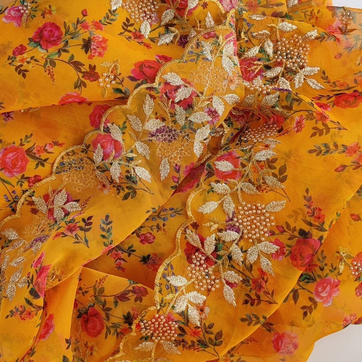 anokherang Dupattas Yellow Floral Printed pearl Embroidered Organza Dupatta