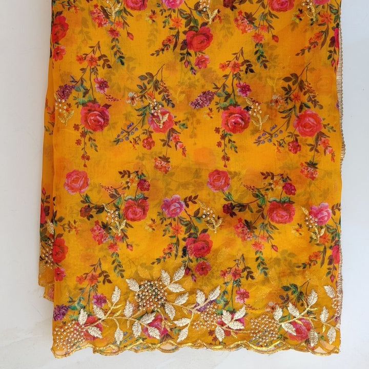 anokherang Dupattas Yellow Floral Printed pearl Embroidered Organza Dupatta