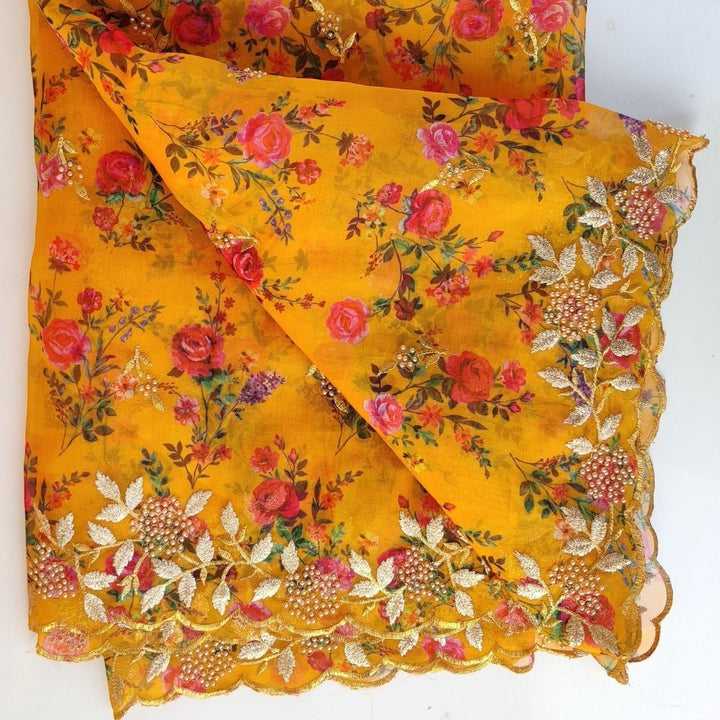 anokherang Dupattas Yellow Floral Printed pearl Embroidered Organza Dupatta