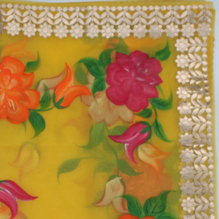 anokherang Dupattas Yellow Hand Painted Organza Dupatta
