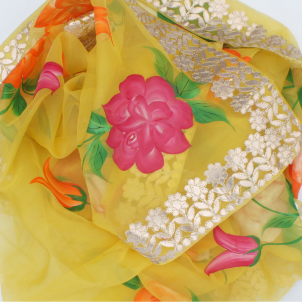anokherang Dupattas Yellow Hand Painted Organza Dupatta